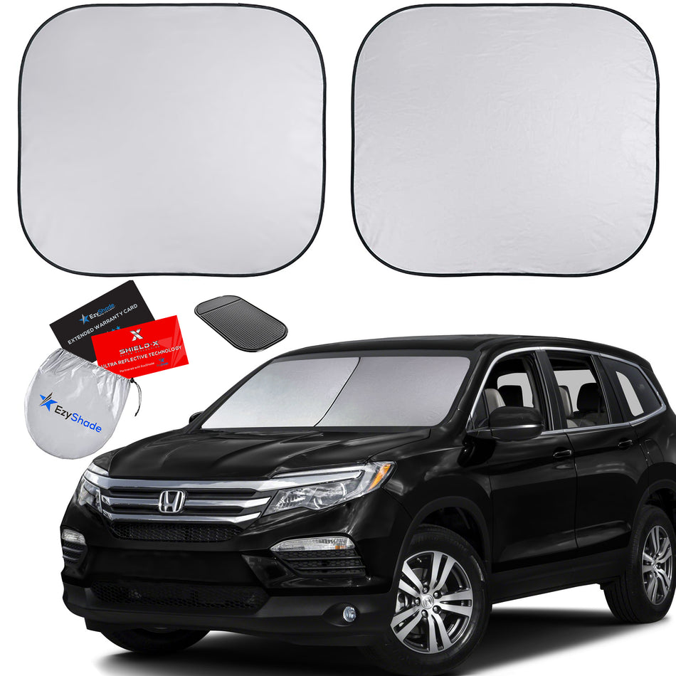 EzyShade Windshield Sun Shade with Shield-X Reflective Technology. See Vehicle Size-Chart. Foldable Car Sunshade for Front Windshield Window Car SUV Van Truck. Sun Visor Heat Shield. Max (L) Size